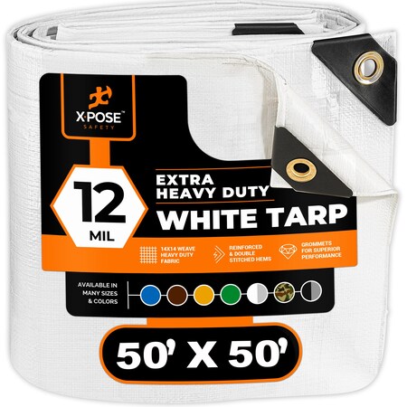 Xpose Safety Heavy Duty Tarp, 50 ft x 50 ft, 12 Mil, White, Polyethylene WHD-5050-X